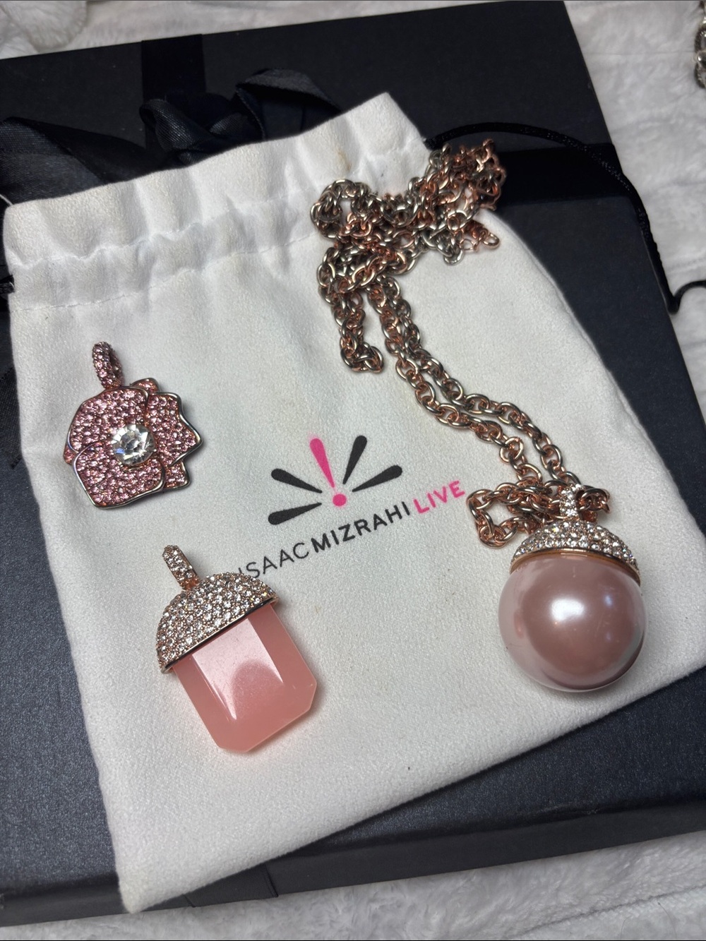 Isaac Mizrahi Rose Gold Silvertone  Necklace with 3 Pendants 36”